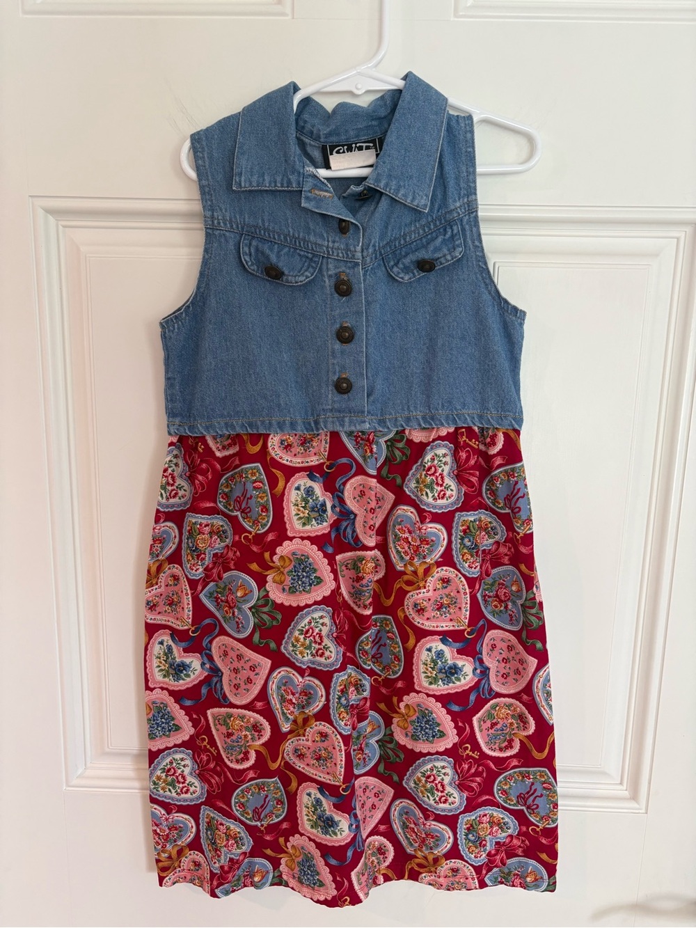 Vintage girls small Denim Bodice Sleeveless Dress with Red Heart-Print